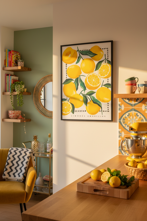 Vibrant Yellow Lemons Art Print shown framed in a modern room setting