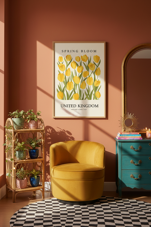 Vibrant Yellow Tulip Bloom Art Print shown framed in a modern room setting