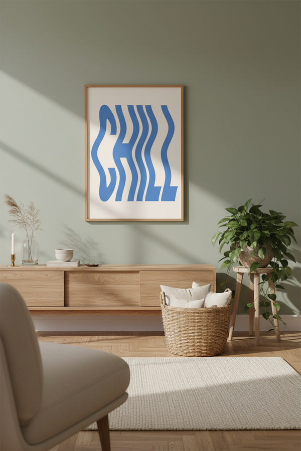 Wavy Blue Chill Typography Art Print shown framed in a modern room setting