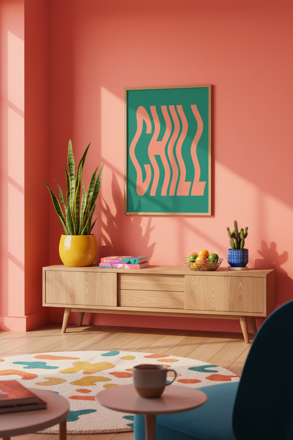 Wavy Chill Typography Art Print shown framed in a modern room setting