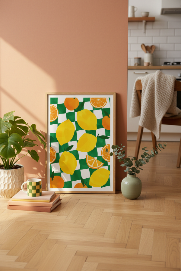 Zesty Citrus Checkered Art Print shown framed in a modern room setting