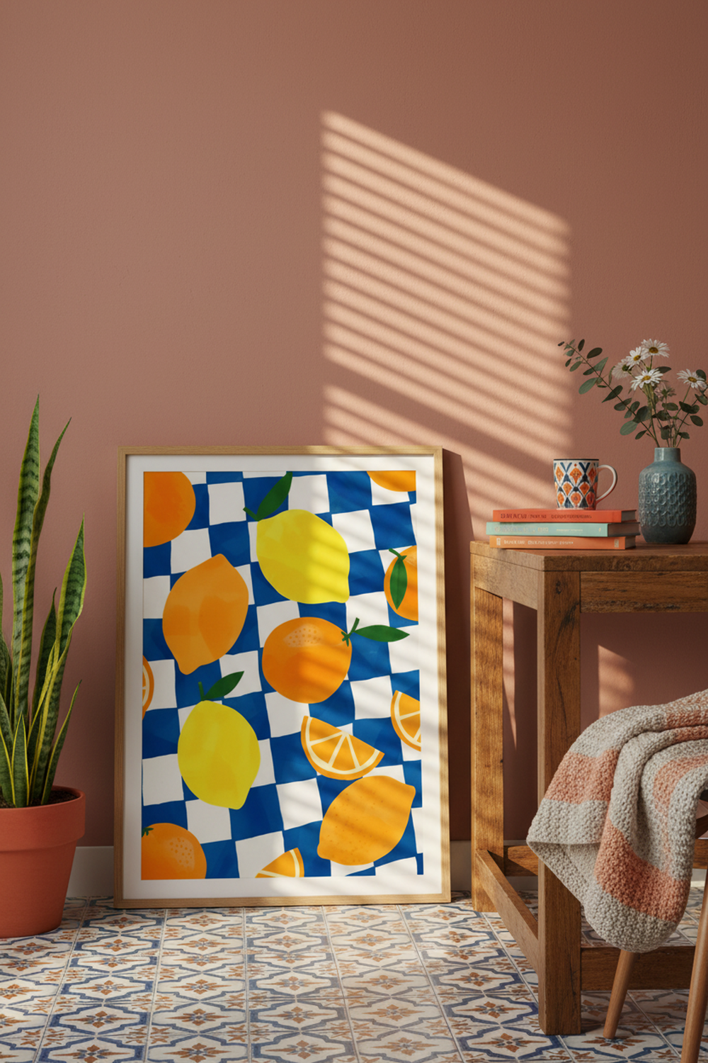 Zesty Citrus Checkered Art Print shown framed in a modern room setting