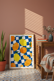 Zesty Citrus Checkered Art Print shown framed in a modern room setting
