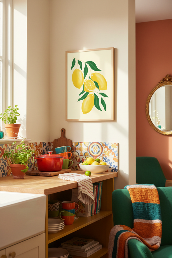 Zesty Lemon Branch Art Print shown framed in a modern room setting