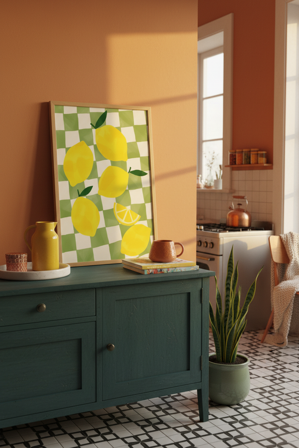 Zesty Lemon Checkered Art Print shown framed in a modern room setting