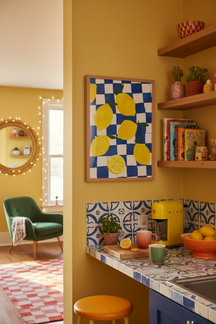 Zesty Lemon Checkered Art Print shown framed in a modern room setting