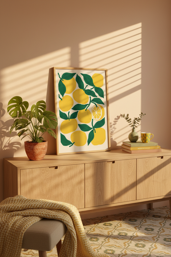 Zesty Lemon Grove Art Print shown framed in a modern room setting