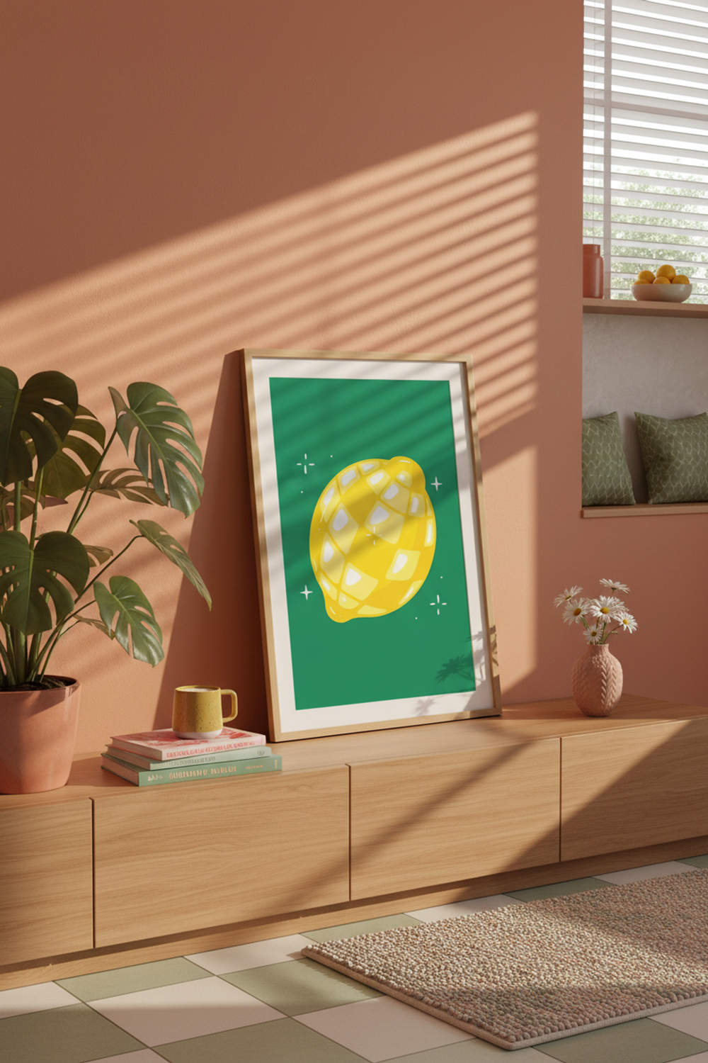 Zesty Lemon Illustration Art Print shown framed in a modern room setting