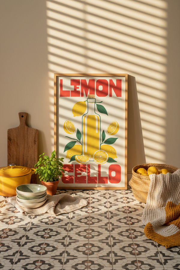 Zesty Lemon Limoncello Art Print shown framed in a modern room setting