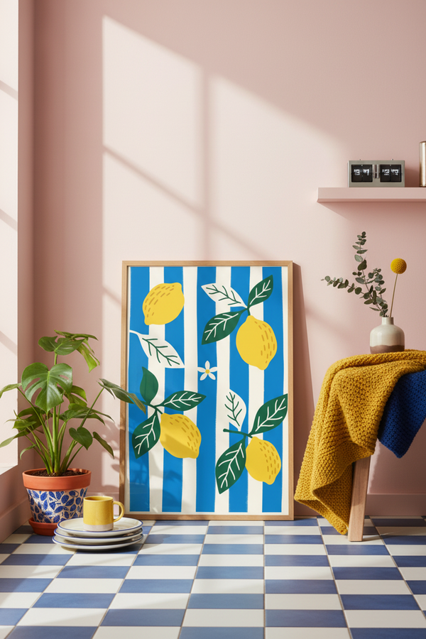 Zesty Lemon Stripe Art Print shown framed in a modern room setting
