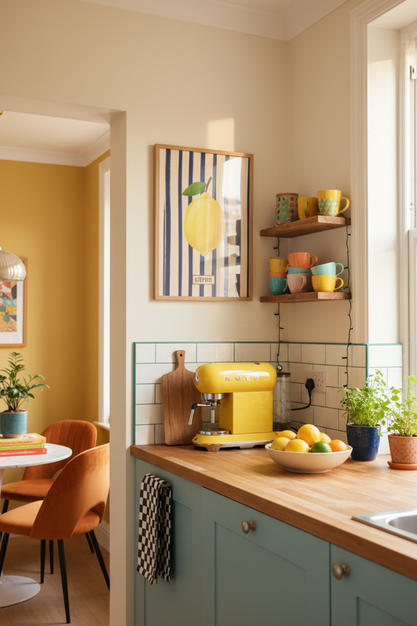Zesty Lemon Stripe Art Print shown framed in a modern room setting