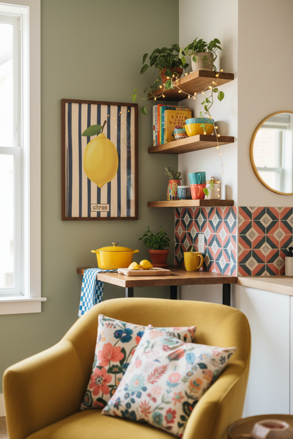 Zesty Lemon Stripe Art Print shown framed in a modern room setting