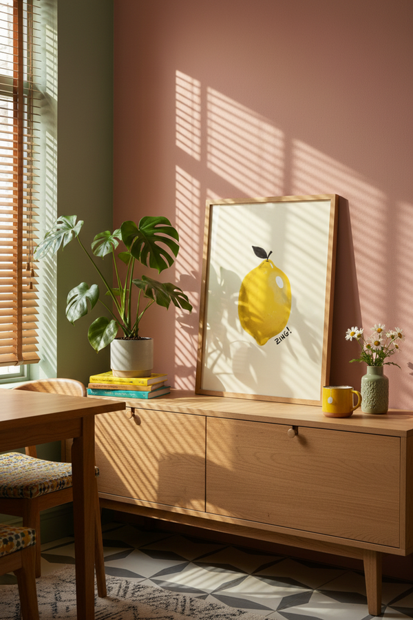 Zesty Lemon Zing Art Print shown framed in a modern room setting