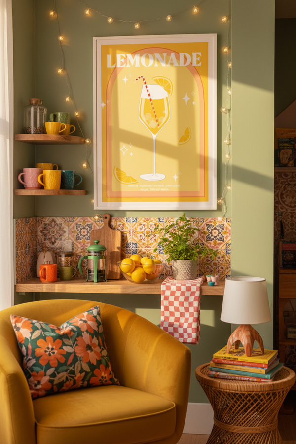 Zesty Lemonade Cocktail Art Print shown framed in a modern room setting
