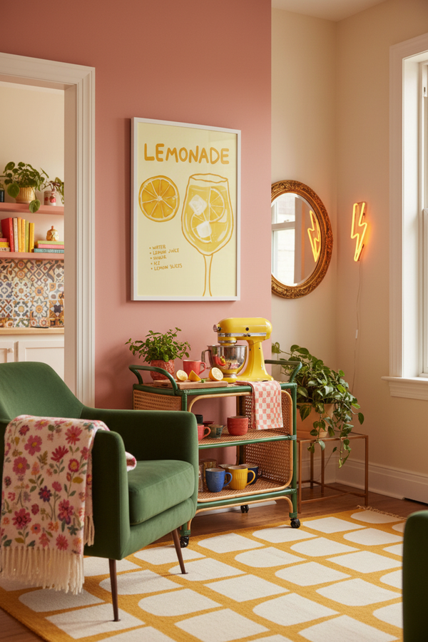 Zesty Lemonade Recipe Art Print shown framed in a modern room setting
