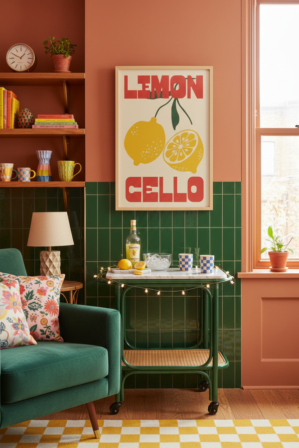 Zesty Lemoncello Typography Art Print shown framed in a modern room setting