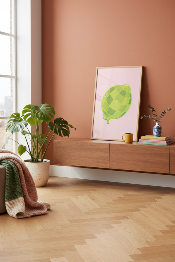 Zesty Lime Fruit Art Print shown framed in a modern room setting